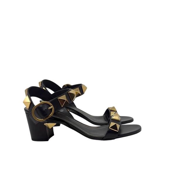 Valentino Garavani Roman Stud Sandals Leather Mid Heel Black Gold Size 38.5 - Picture 2 of 10